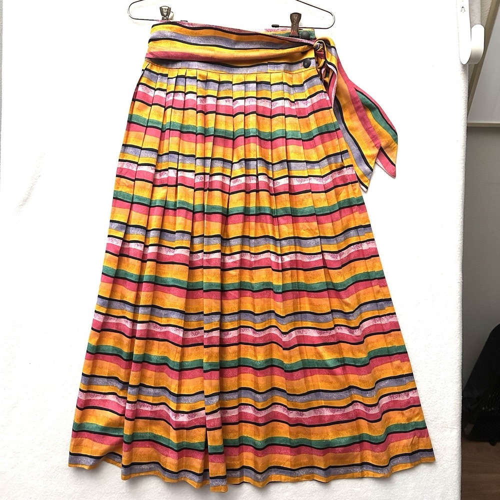 Vintage Prophecy Skirt 4 Midi 100% Cotton Striped Pleats USA Tie‎ Waist Pockets